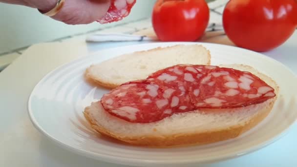 Sandwich Met Worst Hand Cook — Stockvideo