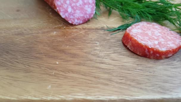 Sausage Salami Falls Wooden Background — Stock Video