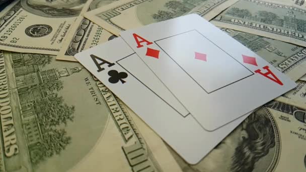 Playing Cards Falling Dollars Background Slow Motion Shooting — Stock Video