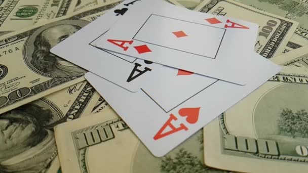 Playing Cards Falling Dollars Background Slow Motion Shooting — Stock Video