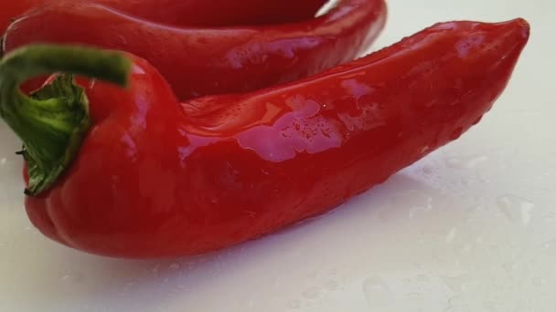 Red Green Pepper White Background Water Wet — Stock Video