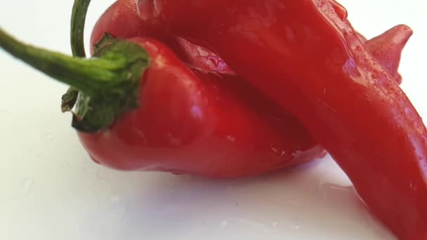 Červené Zelené Papriky Bílém Pozadí Nalití Vody — Stock video
