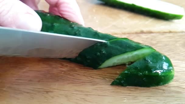 Hands Cut Cucumber Wooden — Stock Video