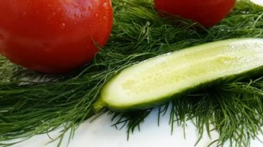 dereotu kırmızı domates salatalık beyaz arka plan üzerinde ıslak damla