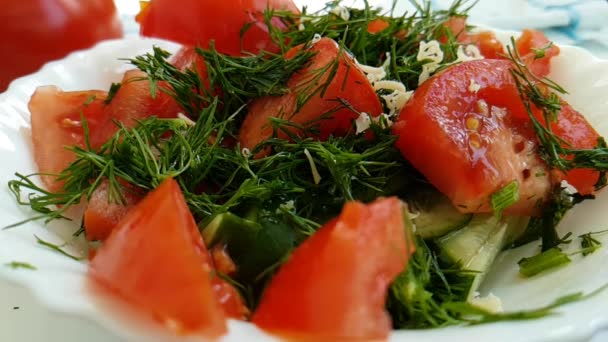 Salat Gurke Tomate Tropfen Käse — Stockvideo