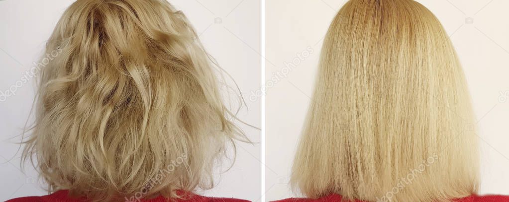 Hair woman before and after straightening