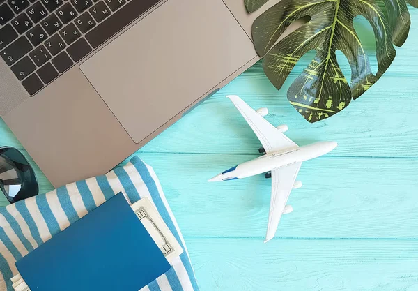 Laptop Avião Passaporte Óculos Planta Fundo Madeira — Fotografia de Stock