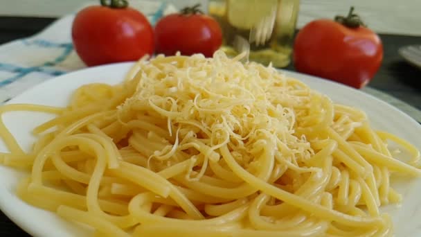 Spaghetti Plate Drops Cheese Slow Motion Shot — Stock Video