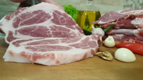 Slicing Juicy Delicious Pork Neck Background Butter Walnut Onion Greens — Stock Video