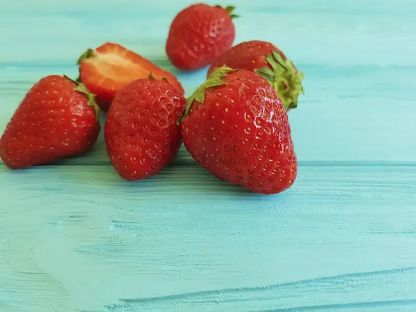 Fresh Strawberry Blue Wooden Background — Stock Photo, Image