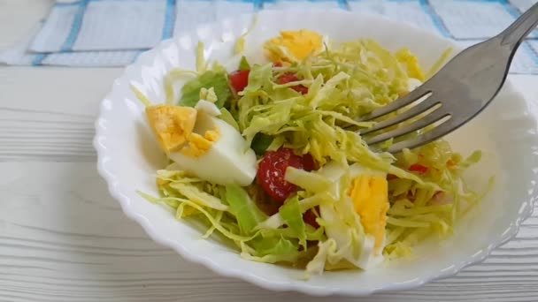 サラダ卵キャベツ トマト フォーク スローモーション — ストック動画