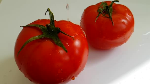 熟したトマトは水を注ぐ スローモーション撮影 ウェット — ストック動画