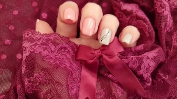 Female Hand Beautiful Manicure Lace Slow Motion — Stock Video