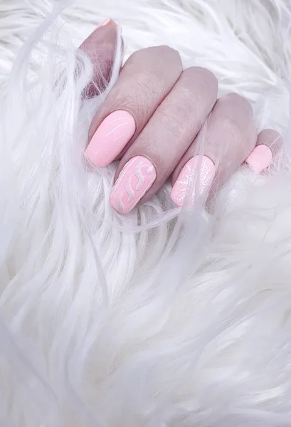 Female Hand Beautiful Manicure Fur — Stock Photo, Image