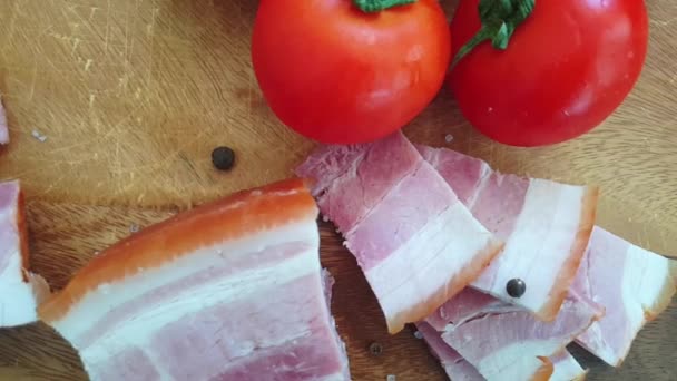 Sliced lard on a wooden board — Stock Footage Sliced Lard Wooden Board Royalty Free Stock Video