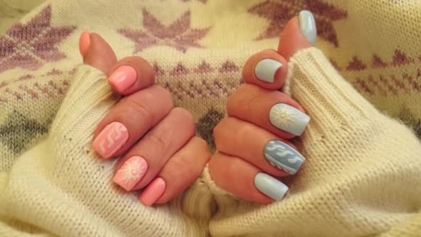 Female Hand Beautiful Manicure Sweater — Stock Video