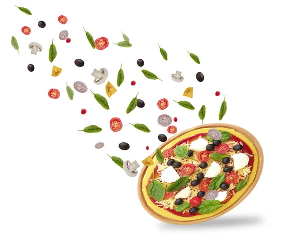 Pizza Oliven Tomaten Fliegen Zutaten — Stockfoto