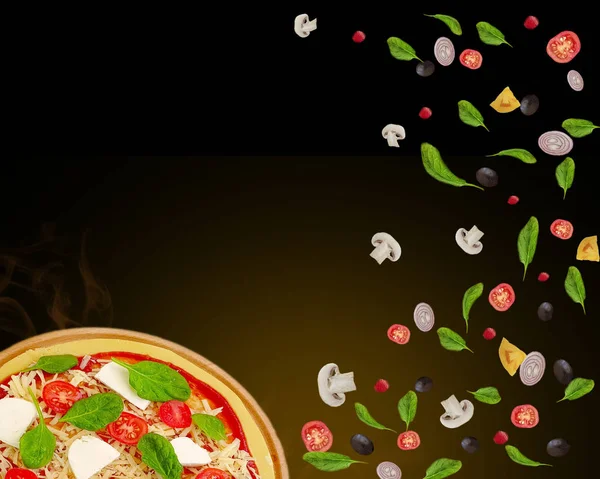 Pizza, zeytin, domates, sinek malzemeleri