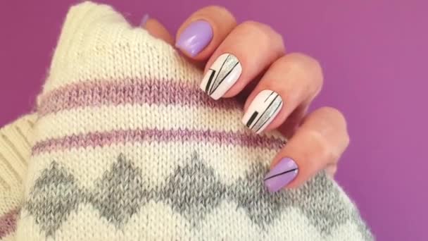 Female Hand Beautiful Manicure Sweater Time Lapse — Stock Video