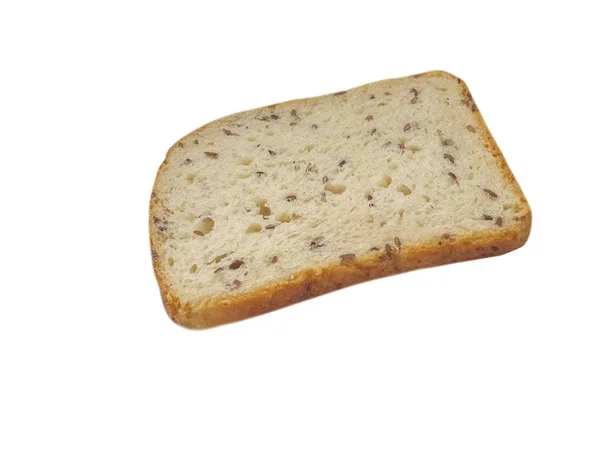 Κομμάτι Ψωμί Σπόρους Που Απομονώνονται Λευκό Φόντο — Φωτογραφία Αρχείου