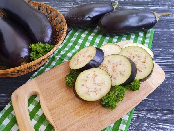 Raw Eggplant Cut Wooden Background — Stock Photo, Image