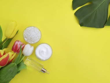 krem kozmetik çiçek lalesi renkli bir arka planda