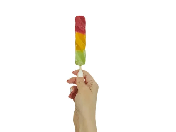 Female Hand Holds Popsicles Isolated White Background — Stock Photo, Image