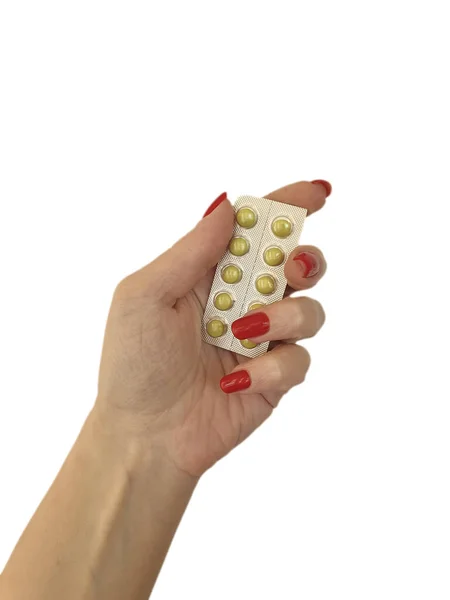 Mão Feminina Mantém Pílulas Isoladas — Fotografia de Stock