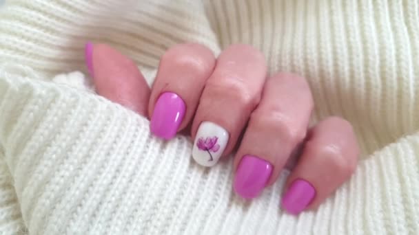 Female Hand Beautiful Manicure Floral Sweater — Stock Video