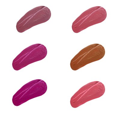 Dudaklar için sıvı ruj örnekleri, beyaz arkaplanda izole edilmiş palet