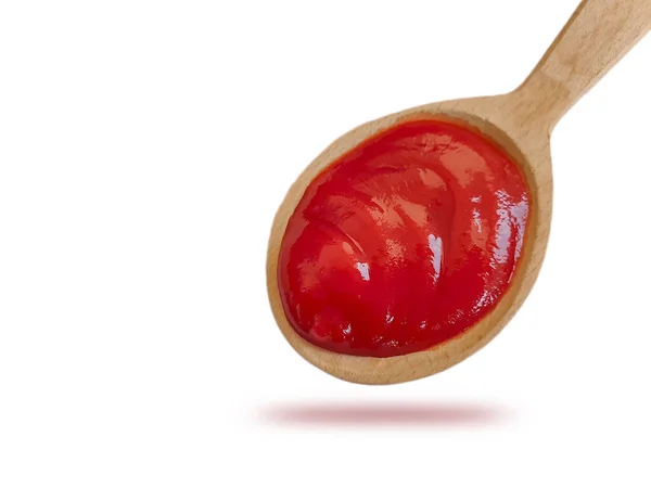 Cuillère Bois Avec Ketchup Isolé Sur Fond Blanc — Photo