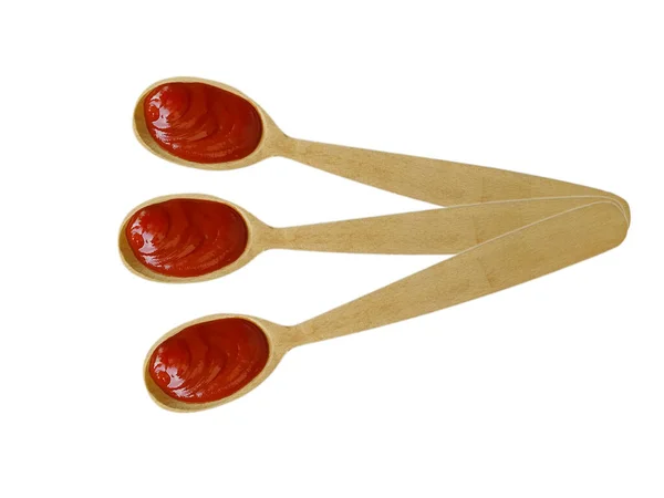 Cuillère Bois Avec Ketchup Isolé Sur Fond Blanc — Photo