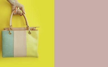 Kadın eli renkli bir arka planda bir çanta tutuyor.