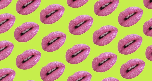 Beautiful Lips Collage Pattern Colored Background — Stock Photo, Image