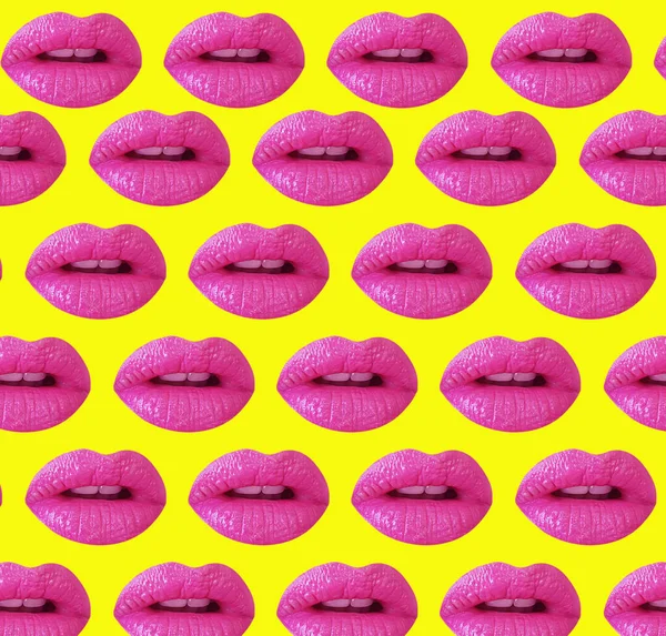 Mooie Lippen Collage Patroon Een Gekleurde Achtergrond — Stockfoto