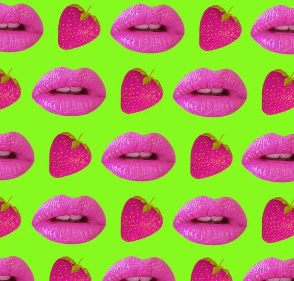 Lábios Bonitos Padrão Colagem Morango Fundo Colorido — Fotografia de Stock