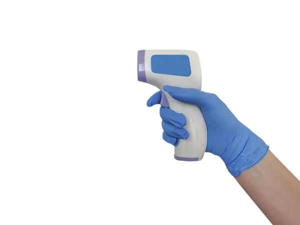 Рука Медицинской Перчатке Термометром Изолированы — стоковое фото