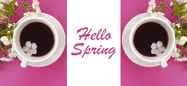 Blooming cherry, a cup of coffee on a colored background
