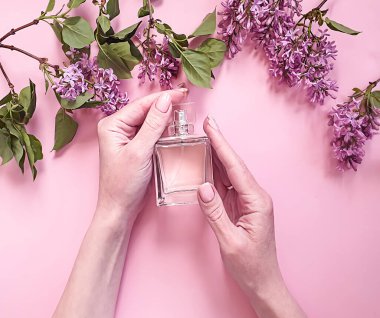 Kadın elleri leylak çiçeği parfümü tutuyor.