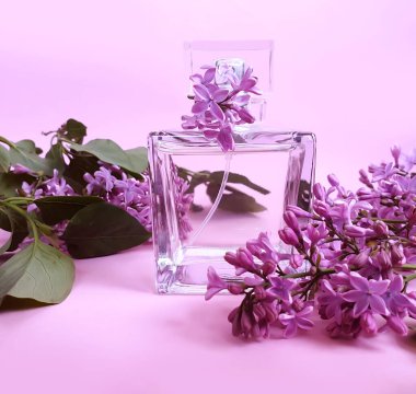 Şişe parfüm çiçeği, eflatun arka plan