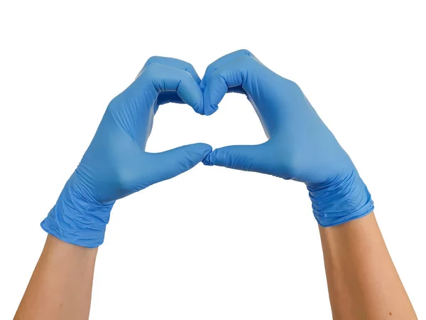 Χέρια Ιατρικά Γάντια Χειρονομία Καρδιά Απομονώνονται Λευκό Φόντο — Φωτογραφία Αρχείου