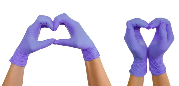 Χέρια Ιατρικά Γάντια Χειρονομία Καρδιά Απομονώνονται Λευκό Φόντο — Φωτογραφία Αρχείου
