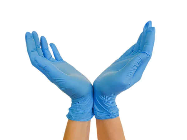 Χέρια Ιατρική Χειρονομία Γάντια Που Απομονώνονται Λευκό Φόντο — Φωτογραφία Αρχείου