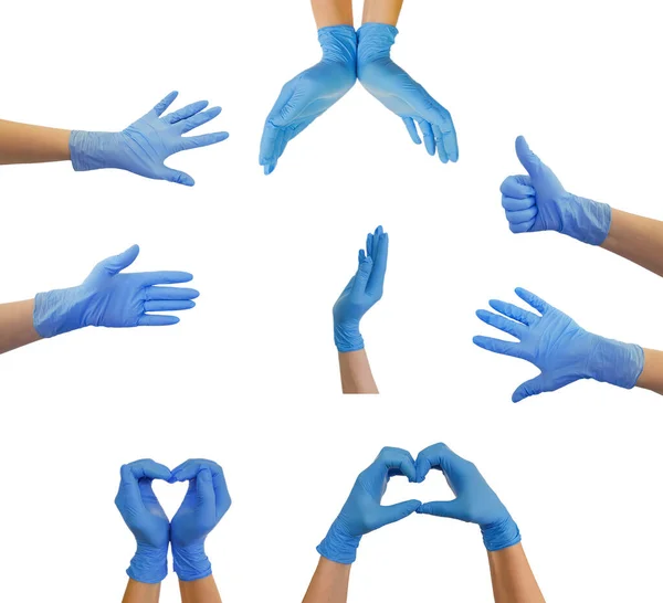 Mãos Luvas Médicas Gesto Isolado Fundo Branco — Fotografia de Stock