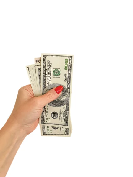 Female Hand Holds Dollars Isolated White Background — Stock Photo, Image