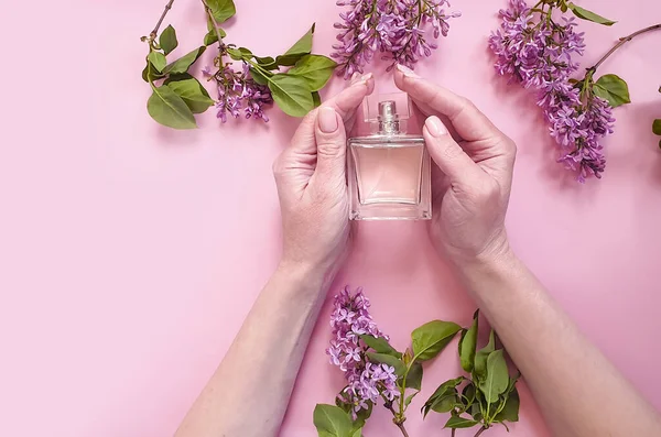 Vrouwelijke Handen Houden Parfum Bloem Lila — Stockfoto