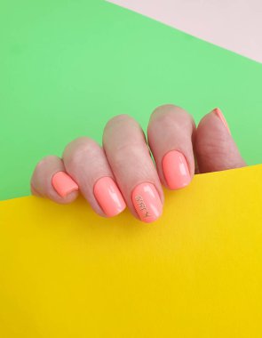 Kadın eli. Renkli arka planda güzel bir manikür.