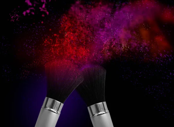 Polvo Colorido Del Maquillaje Explosión Del Cepillo Cosmético — Foto de Stock