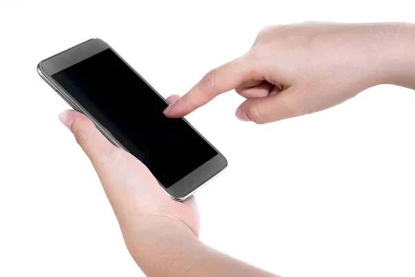 Hareket eden smartphone el parmak itme ve beyaz arka plan