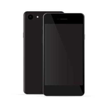 Gerçekçi siyah telefon ile siyah ekran, ön ve arkadan görünüm, ben